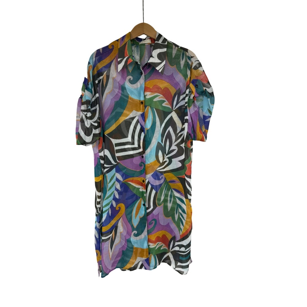 Gottex Sheer Abstract Button Down Tunic Cover Up Dress Multi Color Maximalist M